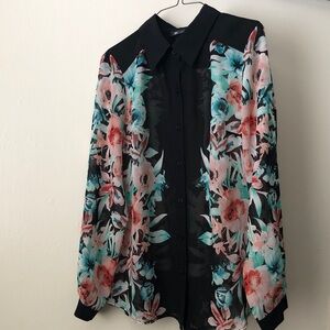 AB Studio Floral Sheer Button-Up Blouse Size Small